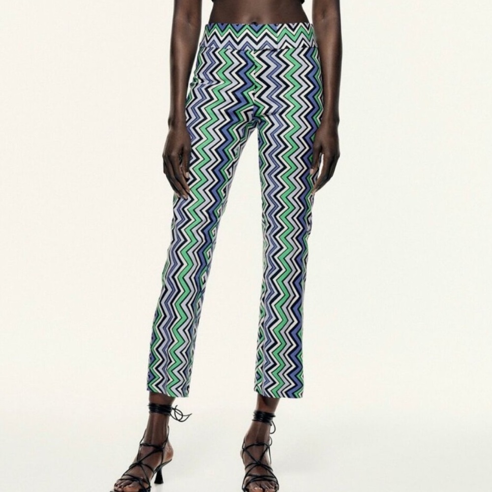 Zara Chevron Zig Zag Print Linen Pants Blue Green White Large
